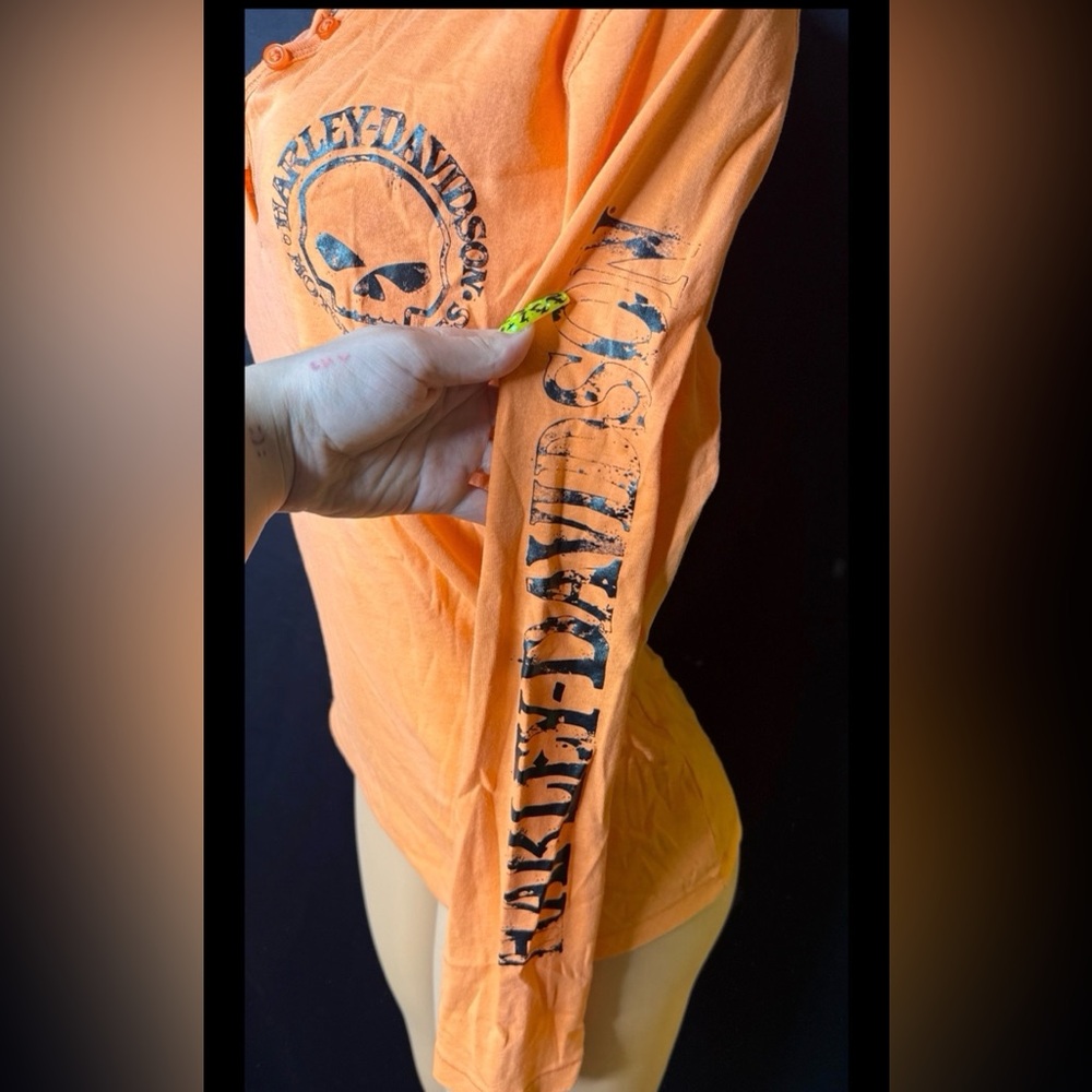 Harley-Davidson Orange Long Sleeve Henley with Skull Graphic - Picture 2 of 5